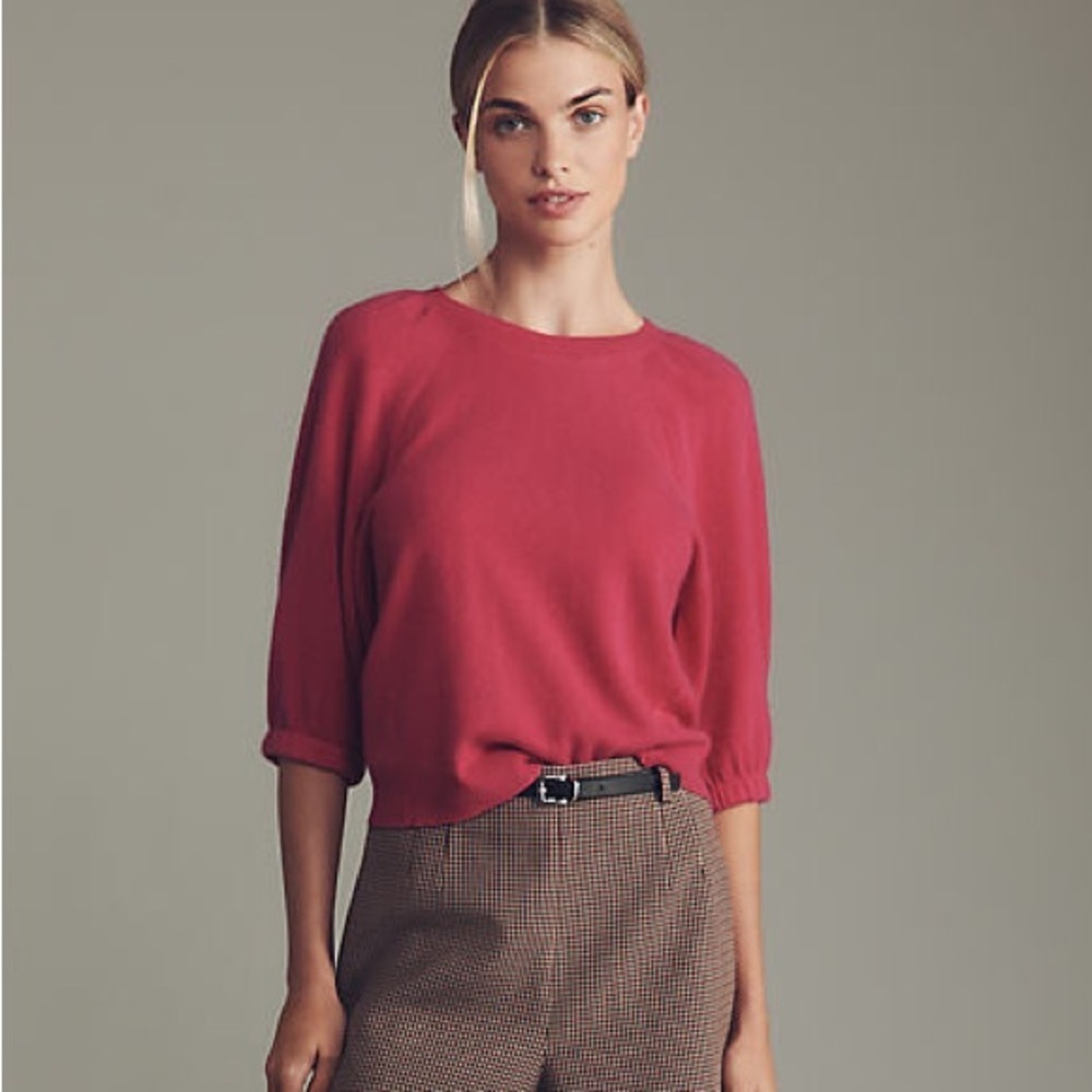 NWT new XS by Anthropologie puff sleeve cashmere sweater pink raspberry magenta